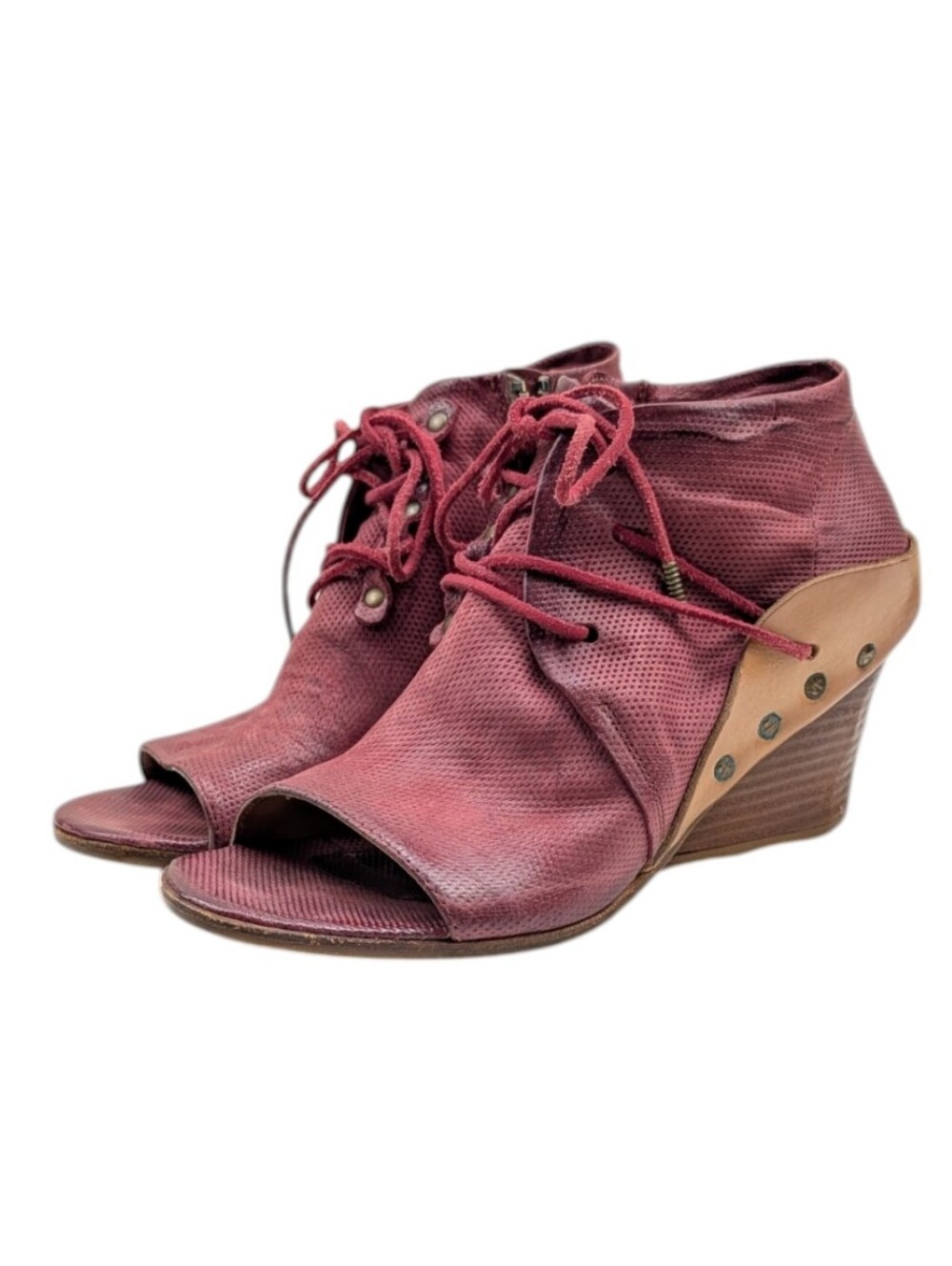 A.S.98 Burgundy Leather Peep Toe Lace-Up Wedge Booties EU 38 US 7.5/8   S4249 - Picture 9 of 12